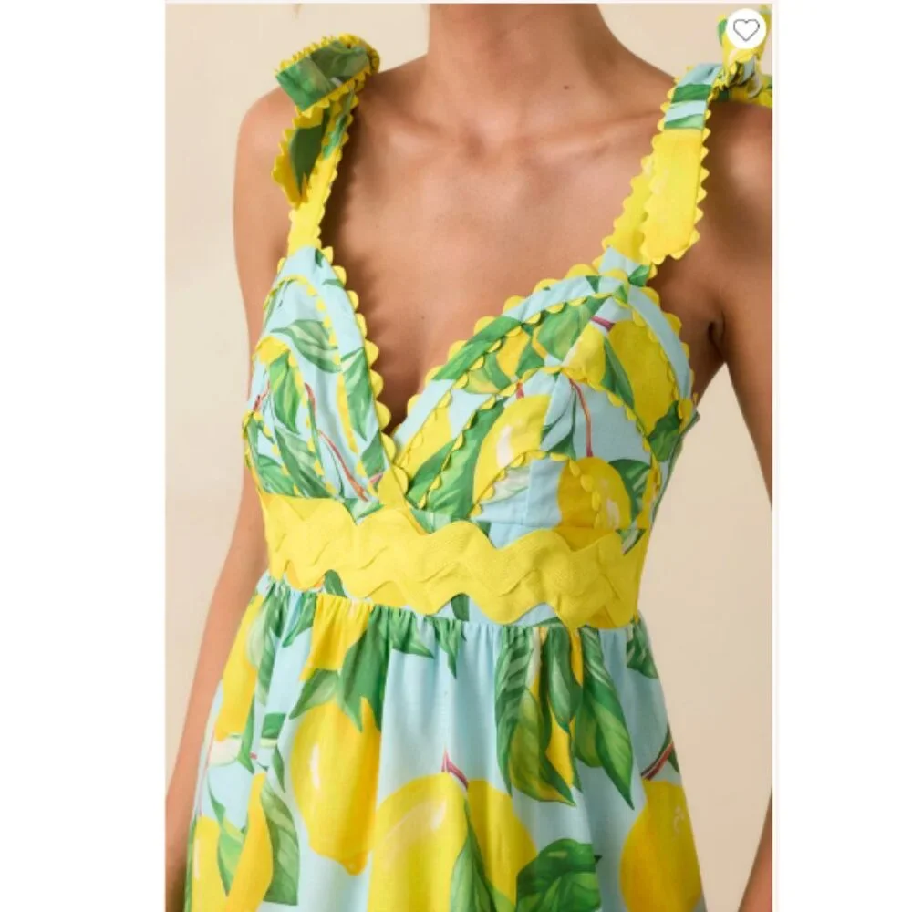 EUC Prosperina Caterina Blue Lemon Print Linen Cotton Midi Dress Women's Large - Picture 2 of 15
